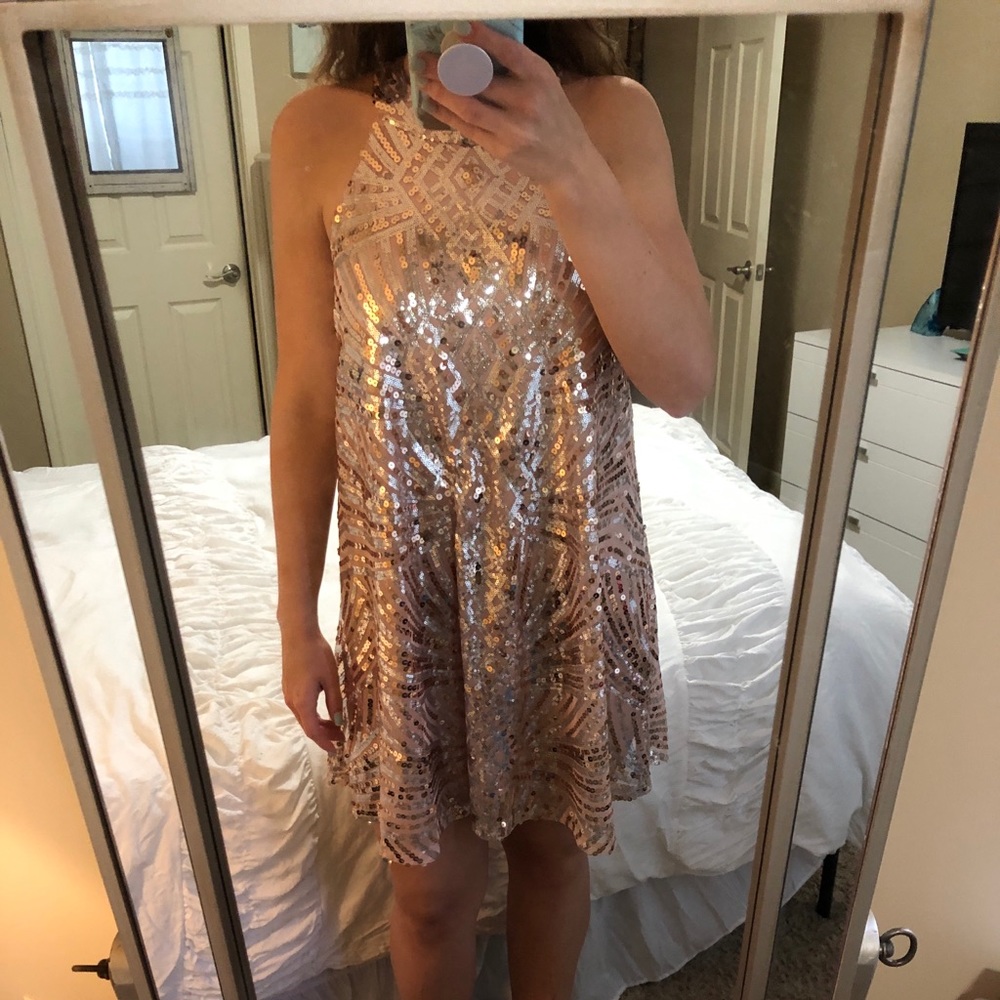 Jodi Kristofer rose gold short prom dress